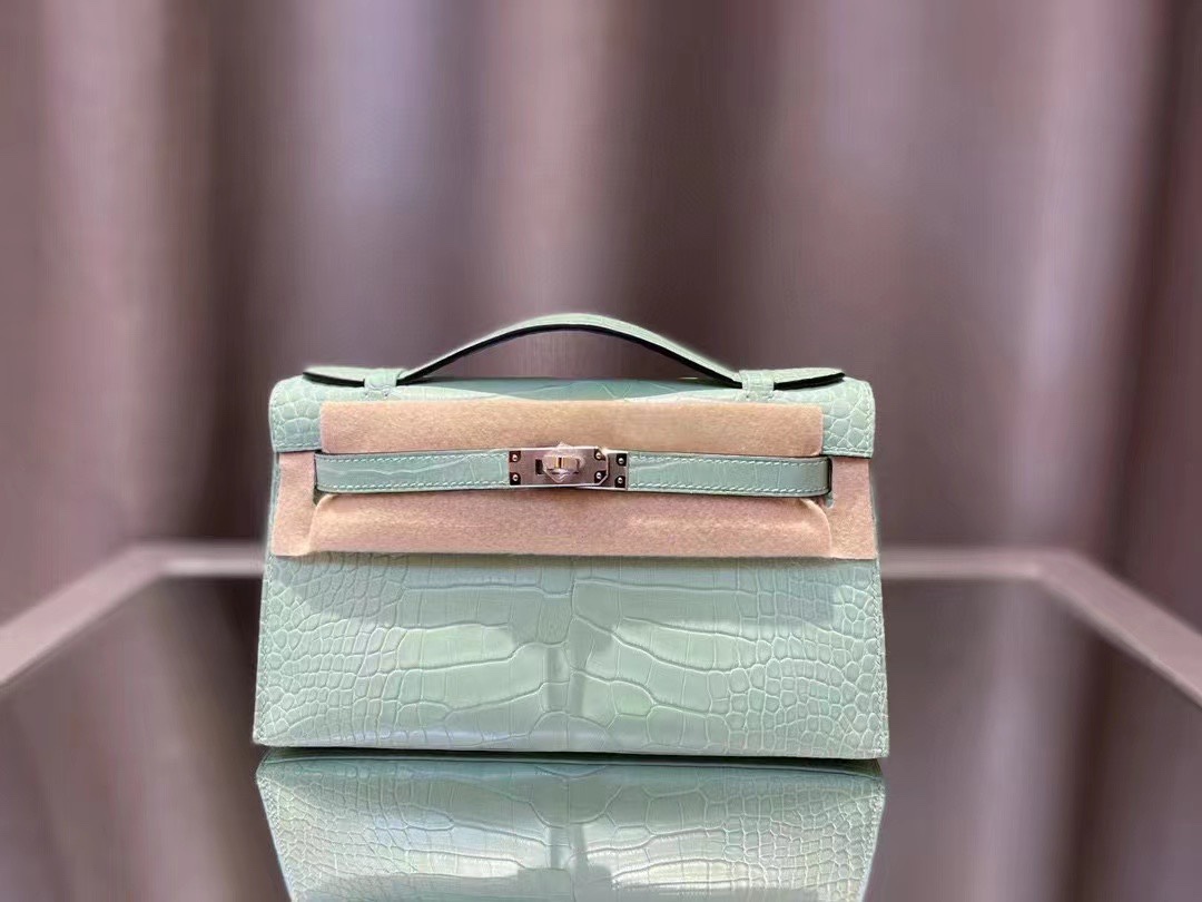 에르메스 켈리 포쉐트 민트 은장 악어가죽